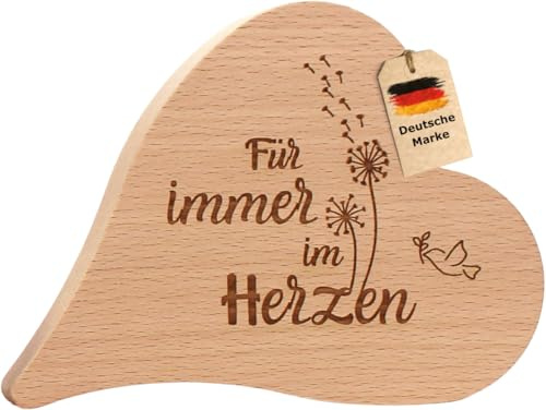 Trauerherz mit Spruch Für immer im Herzen - Dekoherz aus Holz, Buche, 16x12x2,5 cm, Grabherz, Grabschmuck, Grabdekoration, Urnengrab, Holzherz zum Todestag, Geschenkissimo Trauergeschenke