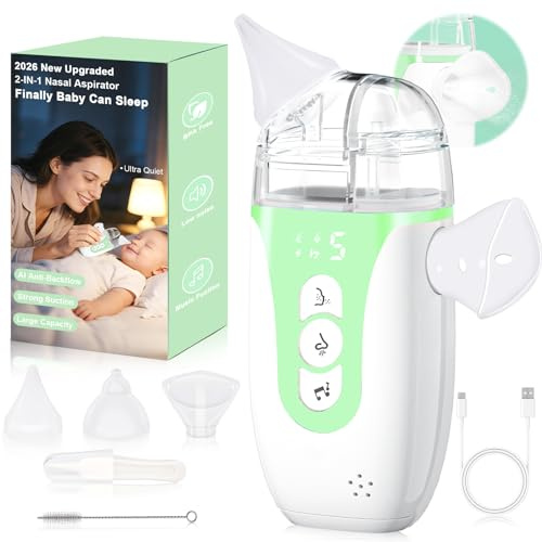 Noxzen Aspirateur nasal pour bébé, ventouse électrique 2 en 1 avec brume douce et embouts en silicone souple, 5 niveaux d'aspiration, pause intelligente, nettoyeur de nez rechargeable avec musique