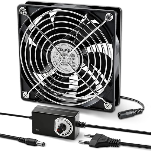 Silkwish Ventilador de 120 mm para ordenador, 12 V, con protección de rejilla metálica, CA 220 V-240 V, control de velocidad ajustable, sin escobillas, ventilador de refrigeración para ordenador