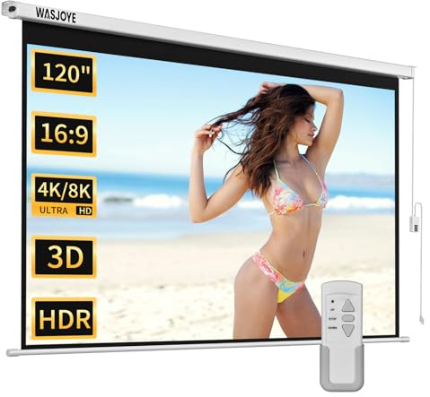 WASJOYE 120  Projection Screen Motorized Projection Screen Diagonal Electric 16: 9 8K HD Movies Video Projector for Home Theater Video Game Outdoor with Remote Control