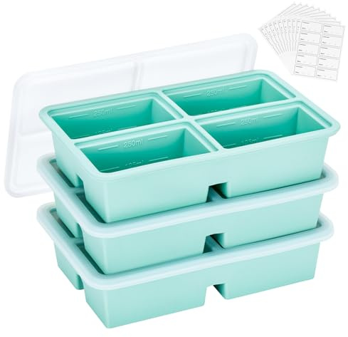 Defresit 3 Pack Extra-Large Silicone Freezing Tray with Lid, Soup & Sauce Freezer Containers, Meal Prep Storage Tray, 300ml Portion, BPA Free (with Freezer Labels) (3 Pack Green)