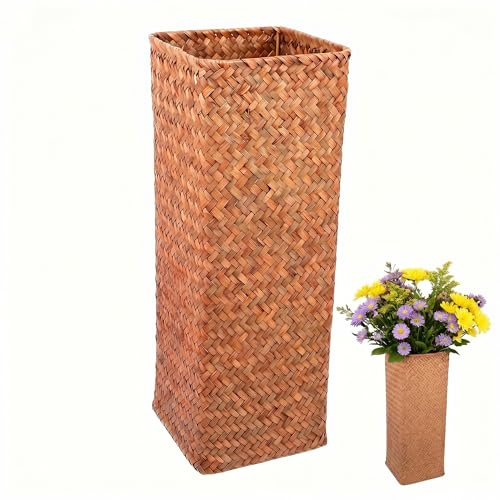 TOYANDONA Rustic Large Seagrass Woven Flower Vase 38cm Khaki Rattan Plant Holder Boho Table Centerpiece for Home Décor and Wedding Arrangements