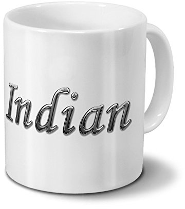 printplanet Tasse mit Namen Indian - Motiv Chrom-Schriftzug - Namenstasse, Kaffeebecher, Mug, Becher, Kaffeetasse - Farbe Weiß
