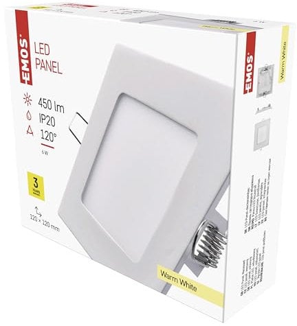 EMOS LED Einbauleuchte 6W mit Driver, ultraflacher quadratischer Einbaustrahler / LED-Panel, Abmessungen 120x120x21 mm, Ersatz für 40W Glühbirne, Lichtfarbe warmweiß 3000 K, Helligkeit 450 lm