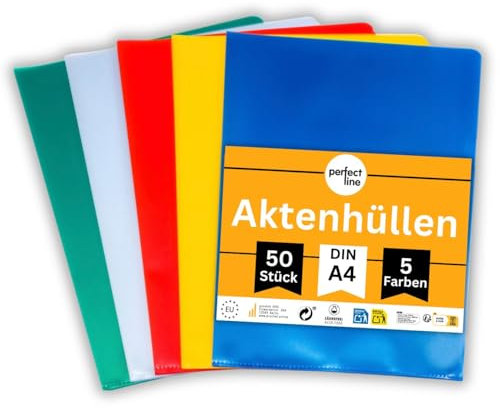perfect line • 50 Aktenhüllen A4, Klarsichthüllen seitlich & oben offen, 5 Farben, Einsteckhüllen genarbt, Folien-Stärke 115 my