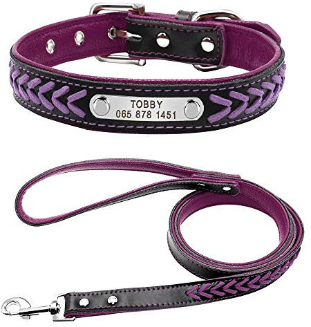 Beirui Personalized Soft Padded Dog Collar with Buckle Comfortable and Stylish Leather Dog Collar for Small Medium Large Dogs with 4ft Matching Leash(S, Purple 27-33cm)