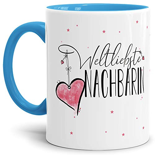 Tasse mit Spruch für die Weltbeste Nachbarin - Kaffeetasse/Familie/Geschenk-Idee/Mug/Cup/Innen & Henkel Hellblau