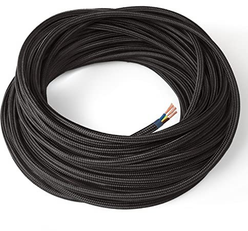 Amarcords - Cavo elettrico tessile colore NERO tondo seta 5 metri con messa a terra 3x075mm - Filo rivestito in tessuto colorato vintage per lampade lampadari applique e abat jour.