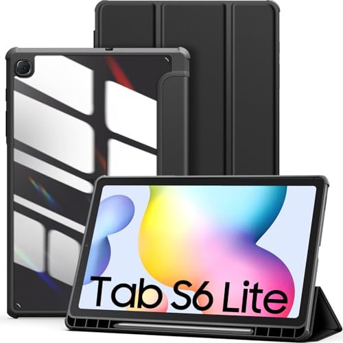 DUZZONA Hülle für Samsung Galaxy Tab S6 Lite 10,4 Zoll 2024/2022/2020, Ultradünne Hülle mit Stifthalter und Transparenter Rückseite, Schwarz