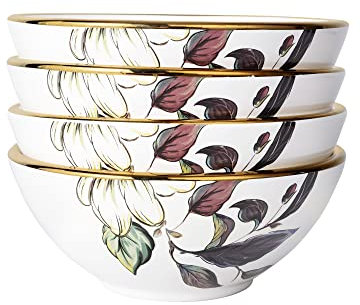fanquare Lot de 4 Bols en Porcelaine Moderne, 280 ml Bol de Céréales à Motif Japonais de Fleurs et de Feuilles, Bols à Soupe, Petit