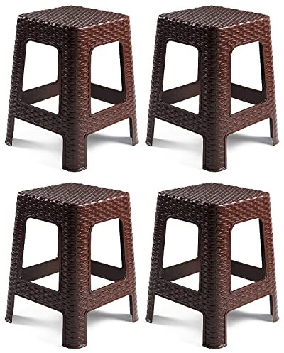 Acan Tradineur - Taburete de plástico - Fabricado en España - Diseño Rattán hogar o el Trabajo - 36 x 36 x 45 cm - Color Wengüe (4 Unidades)