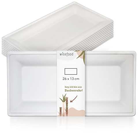 wisefood Platos de caña de azúcar, 50 unidades, desechables, rectangulares, 26 x 13 cm, platos de papel ideales como plato de fiesta o plato de menú, vajilla biodegradable de caña de azúcar sin PLA/PE
