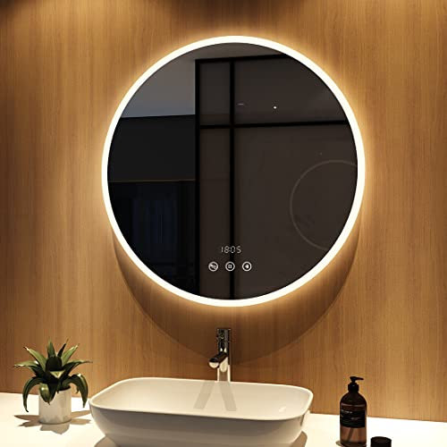 Meykoers Badezimmerspiegel mit Beleuchtung Rund 70cm Acryl badspiegel Neutral Licht Wandspiegel Touchschalter + Beschlagfrei Uhr Bluetooth, Rund Modell 8, ф70cm Touch+Beschlagfrei+Uhr+Bluetooth