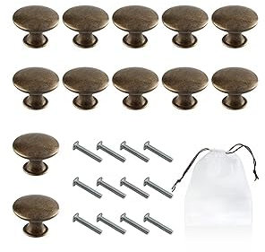 PFLYPF Schranktürgriffe, 12 Stück, mit 1 Aufbewahrungstasche, antiker Kupfer-Schubladenknauf, Möbelziehring, runder Schrankgriff (30 mm, mit Schrauben)