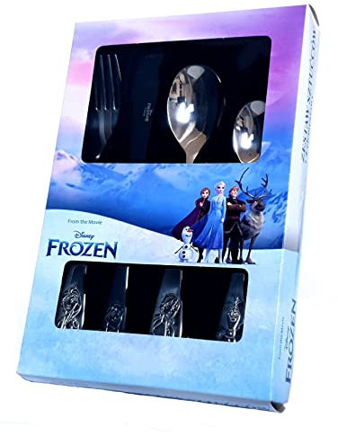 p:os 77482-Frozen La Regina dei Ghiacci 2 Posate per Bambini da 4 Pezzi con Coltello, forchetta, minestra e Cucchiaio da Dessert, Set da Pranzo in Acciaio Inox in Rilievo, 77482