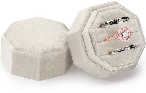 MYEBIUAI Samt-Ringbox mit 3 Fächern, Premium-Schmuckring-Aufbewahrungsbox, Vintage-Ring-Präsentationshülle für Hochzeitszeremonie, Antrag, Verlobung (Beige)