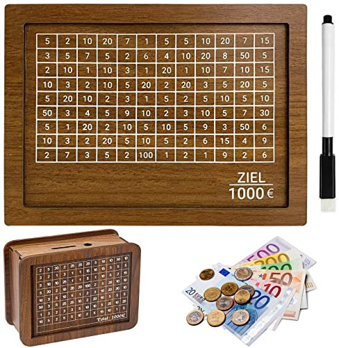 Tuofang Spardose aus Holz, Spardose mit Zähler, Wiederverwendbare Spardose mit Sparziel und Zahlen zum Ankreuzen für Mädchen Jungen Geburtstag Gefälligkeiten (1000€)