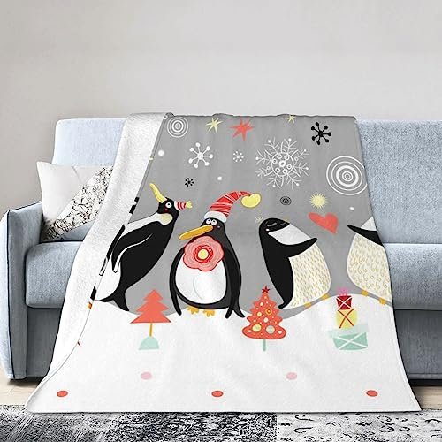 BAFAFA Decke Weiche Flanelldecke Frohe Weihnachten Pinguine Gedruckt Klimaanlage Decke Plüsch Überwurf Decke Für Bett Reise Sofa Auto Zimmer