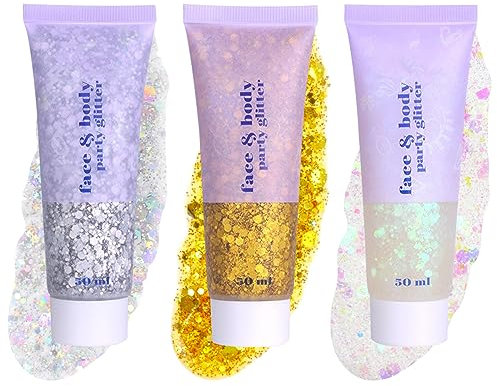 Sularpek 3 Stück Body Glitter Gel, 50ml Glitzer Gesicht Körper, Meerjungfrau Pailletten Funkelnde für Gesicht Haare Lippen Nägel Make Up Kosmetik Festival Party