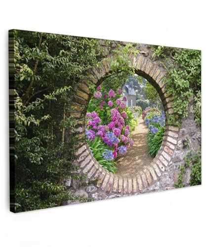 MuchoWow© Leinwand Bilder 90x60 cm Wanddeko Wohnzimmer Aesthetic Room Decor Deko Zimmer Wandbilder Modern Fotogeschenke Fensterblick - Blumen - Hortensie - Sommer