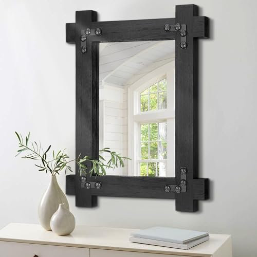 Lzuso Black Small Wall Mirror Rustic Rectanglar Wood Framed Farmhouse Hanging Wall Mirrors Decorative for Entryway Bedroom Living Room Bathroom Hangs Vertical or Horizontal