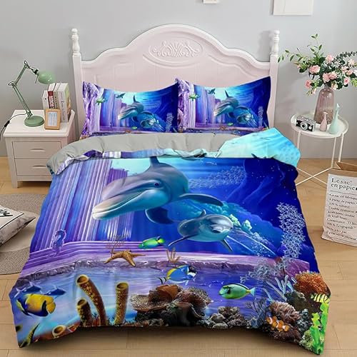 CTQTZ Delphin Bettwäsche-Set für Kinder 135x200cm Netter Delphin Kinder bettwäsche Bettbezug und Kissenbezug 80x80cm Ocean Marine Meerestiere Themed Bettbezug mit 2 Kissenbezug