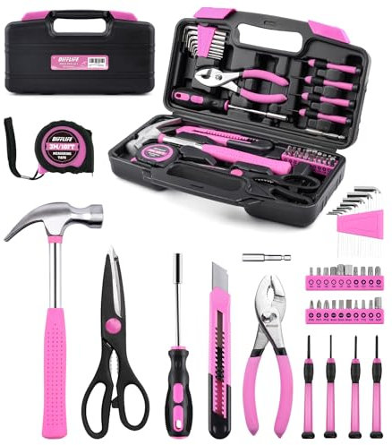 DIFFLIFE Ensemble d'outils à main avec boîte à outils en plastique Rose 40 pièces
