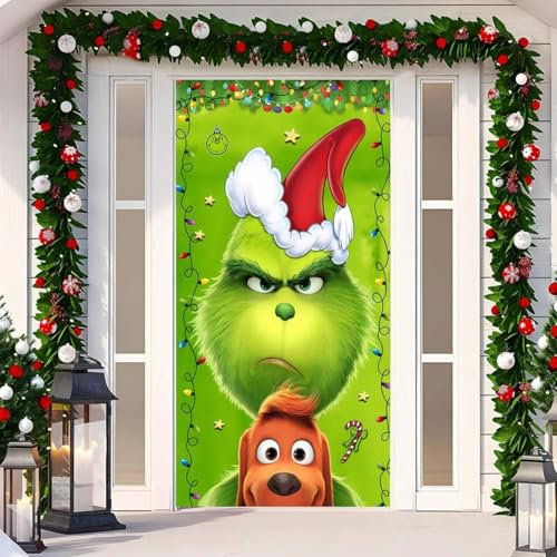 Molinter Weihnachten Türabdeckung Grinch Dekoration Weihnachtsmonster Hintergrund Banner Outdoor-Weihnachtsdekoration für Haustür (A)