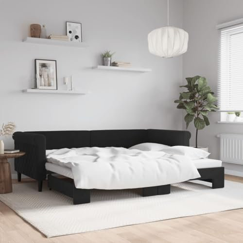DJEKA Tagesbett Ausziehbar 90x200 cm Jugendbett 90x200 cm Bett Mit Ausziehbett Schwarz-19 Tagesbett 90x200 Ausziehbar Tagesbett aus Holz Tagesbettgestell Sofabett Schlafsofa Samt