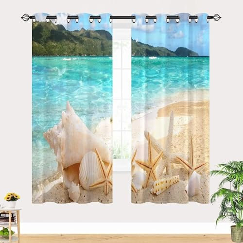 MTBDDyyds 2 Panneaux avec Œillets Océan Plages Coquilles Rideau Occultant - Isolant Thermique 3D Impression Décoration Salon Rideau Isolant Phonique pour Chambre Enfant 200X160Cm