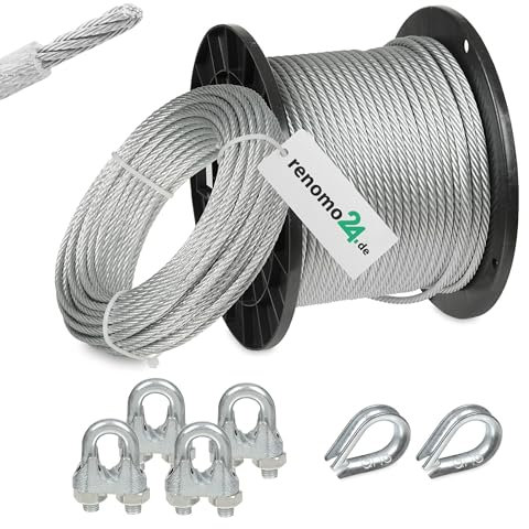 Renomo24 Drahtseil Set 1 - Stahlseil 10m 5mm 6x7 verzinkt und ummantelt, 4X Bügelklemmen, 2X Kauschen