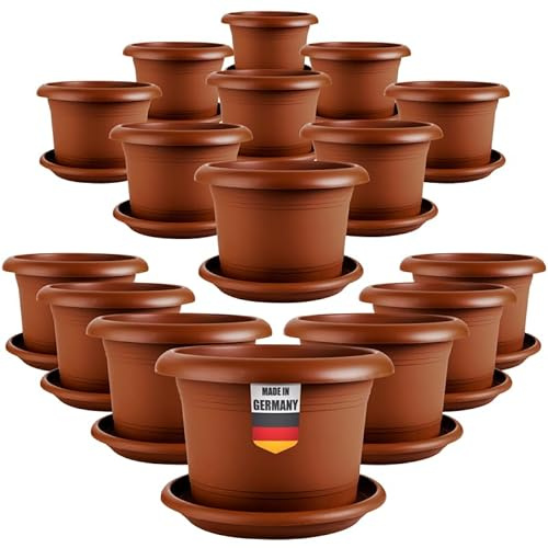 LIVINJA Terracotta 16er-Set Blumentopf groÃŸ 40 cm Durchmesser - Pflanzkübel groÃŸ auÃŸen in mit Untersetzer, Robust & Frostsicher, aus Kunststoff, für Garten, Balkon, Terasse