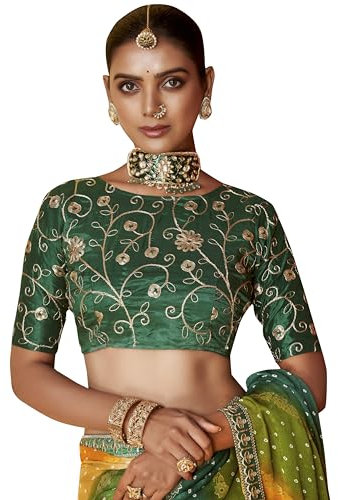 Elina fashion Chemisier à col rond en mousseline de soie brodée à manches coudes pour Saree_4046_40, vert bouteille, X-Large