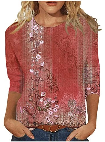 Elegante Damen Bluse, 3/4 Arm Shirt Mit Rundhalsausschnitt, Lose Tops Casual Solid Floral Printed T-Shirts, Trendy Boho Tunika Sommer Top, Rot, L