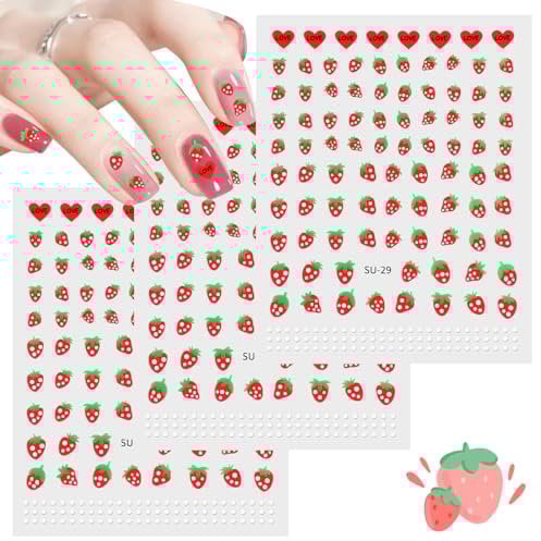 Lusofie Strawberry Nail Stickers 3D Art Nail Decals Self-Adhesive Fruit Nail Stickers Strawberry Cute Sweet Sticker Nails for Nail Art Decoration