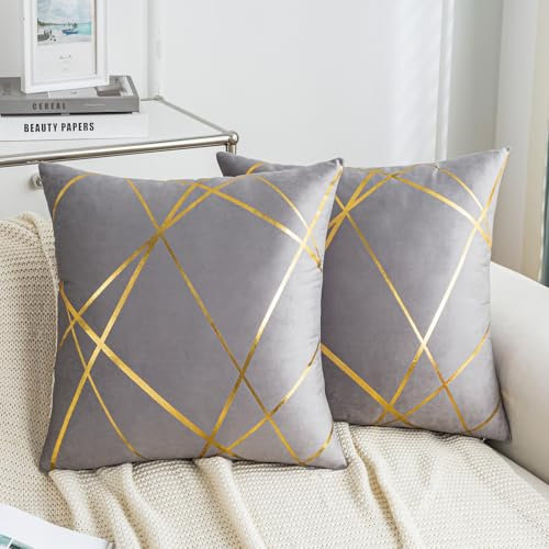 Kiatuniya Kissenbezug 45 x 45 cm Grau Sofakissen Herbst Kissenbezüg mit Gold Geometrie Linie Kissenhülle Modernes Dekokissen Samt Zierkissen 2er Set für Schlafzimmer Couch Sofa Bett