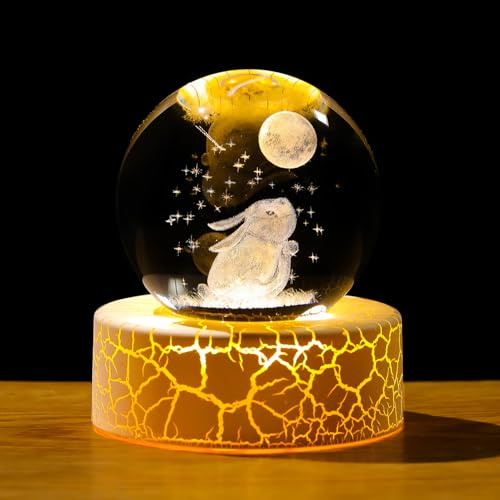 Movdyka Crystal 3D Rabbit Moon 2.36in Ball Figurine Bunny Gifts for Women | Glass Animal Art Sphere Gift for Her, Rabbit Lovers Keepsakes, Warm Light Base, Birthday Home Ornaments for Room