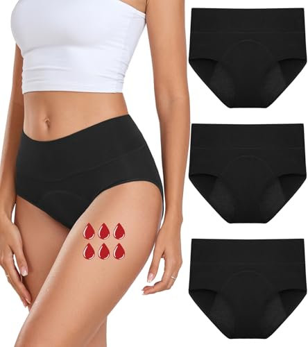 coskefy Periodenunterschwäsche Starke Blutung Perioden Unterhosen Damen Menstruationsunterwäsche Atmungsaktiv Postpartum Slips 3er Pack Schwarz XL