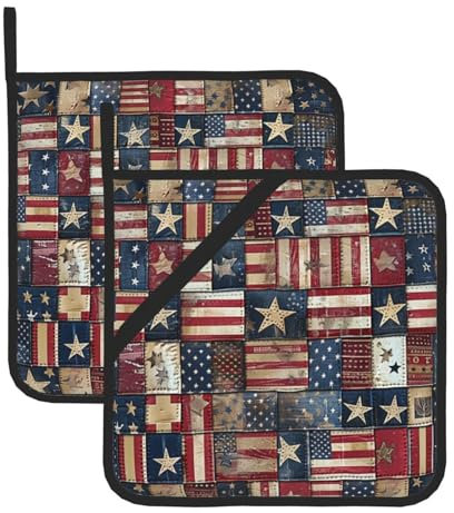 USA Flag Patchwork Printed Oven Pot Holders Set of 2 Pcs Heat Resistant Non-Slip Oven Potholders for Kitchen Cooking Baking Grilling