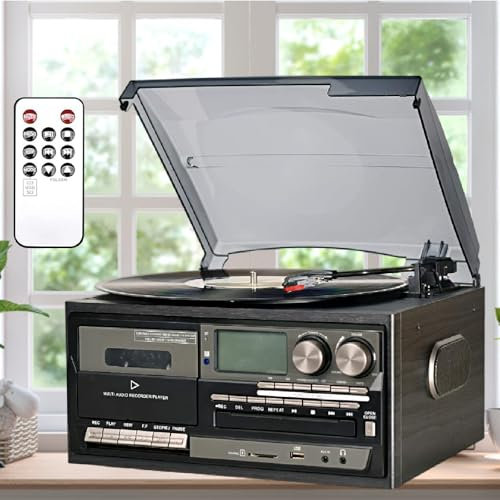 XEEAOFE Vinyl Record Player with Dual External Speakers, 3 Speed Bluetooth Vintage Turntable CD Cassette Player AM/FM Radio USB Recorder,Black-220V