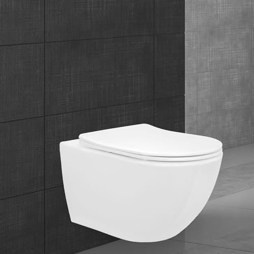 LuxeBath WC Suspendu sans Bride, Long, 52 cm, Blanc Brillant, Cuvette en Céramique avec Surface Antibactérienne, Abattant Amovible en Plastique Thermodurcissable, Fermeture en Douceur Automatique