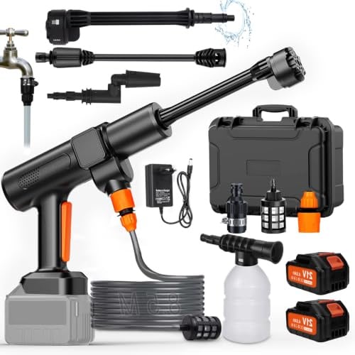TOPALL Idropulitrice a Batteria,Pistola Idropulitrice Portatile,High Pressure Cleaner,Max da 45 Bar,con 2 * 4000mAH Batterie | Tubo da 8.5M | 6 in 1 Ugello | Rotante Ugello,per Auto,Giardino