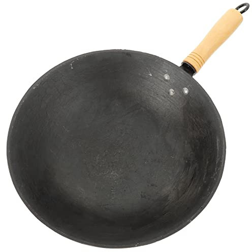 CQIKRWGWS Wokpfanne aus Gusseisen, robuste Frittierpfanne, traditioneller chinesischer Wok mit flachem Boden, Pow-Wok, Stahl-Wok, Grill-Wok mit Holzgriff zum Kochen auf dem Herd