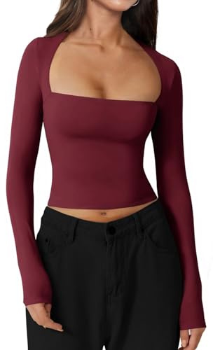 INFITTY Womens Tops Square Neck Long Sleeve Tops T Shirts Ladies Tops Summer Long Sleeve Shirt Basic Tee Wine-Red XL