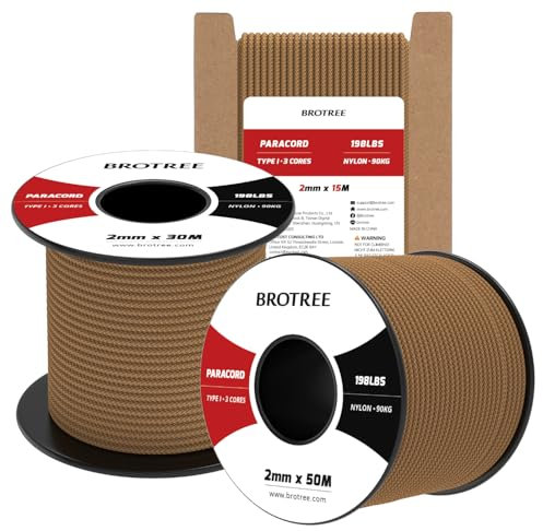 Brotree 2mm Paracord 3 Fili 15M 100% Nylon Corda da Paracadute per All'aperto, Artigianato, Fatto a Mano - 90kg Carico di Rottura (Marrone Coyote)