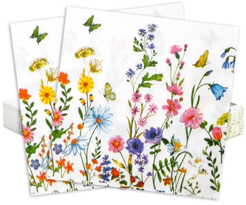 Servietten Frühling Sommer Blumen Schmetterling | 40 Stück, Papierservietten, Bunte Servietten, Für Geburtstage Gartenparty Hochzeiten Feiern