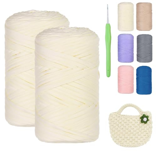 T-Shirt Garn 2 x 200g, Bändchengarn zum Häkeln & Stricken, Häkelgarn für Taschen, Textilgarn für Körbe, Teppiche, Heimdekoration, Häkeltaschen, Häkelgarn Dickes Garn für DIY-Kunsthandwerk（Weiß)