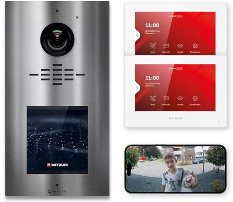 Metzler® Video Türsprechanlage mit HD-Kamera und Touchscreen-Display in Edelstahl gebürstet – 2-Draht-Anschluss, Nachtsicht, App-Steuerung, vandalismussicher IP65, RFID, PIN & Smartphone-Freigabe