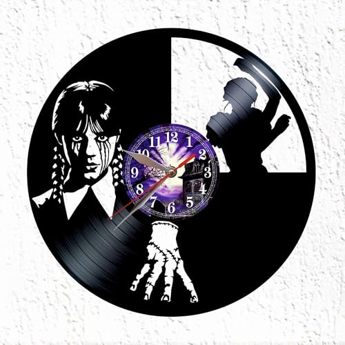 VINY WOODY Terror Comödie Wanduhr aus Vinyl-Schallplatte, Gothic-Design, 30 cm, Schwarz, analog, für Wohnzimmer
