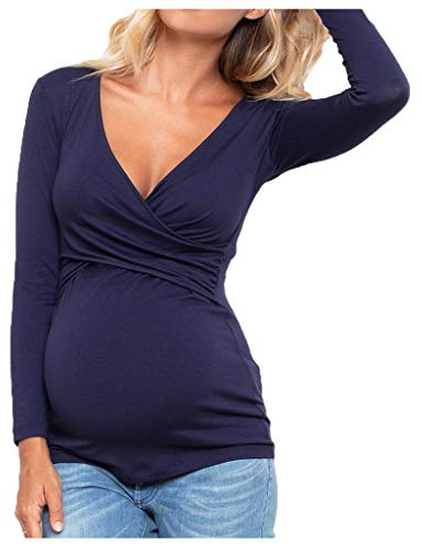 Damen Umstandsshirt Langarm Stillshirt Elegant Umstandstops Schwangerschafts Oberteil Bequem Schwanger T-Shirt Umstandsmode Langärmliges Stilltop Mit V-Ausschnitt Und Plissee